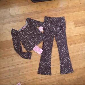 NWT Girls Size 12 Brown Small Flowers Print Outfit - LS Top & Flare Pants